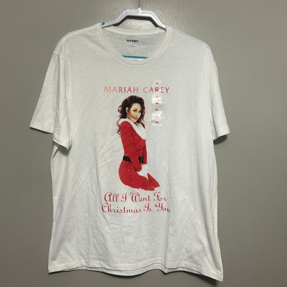 Old Navy T-Shirt Women XL White New Mariah Carey Christmas Graphic Tee Festive